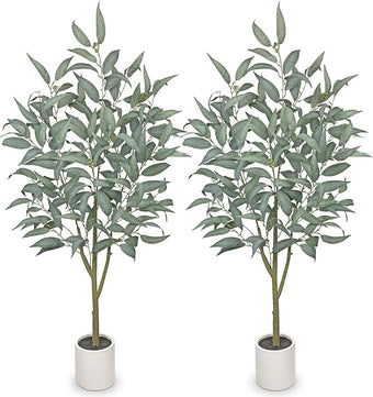 2 Packs Artificial Eucalyptus Tree in White Pot – 4FT Faux Indoor Plant for Home Décor, Modern Greenery for Living Room, Bedroom, Office – Realistic Silk Leaves, Minimalist Planter