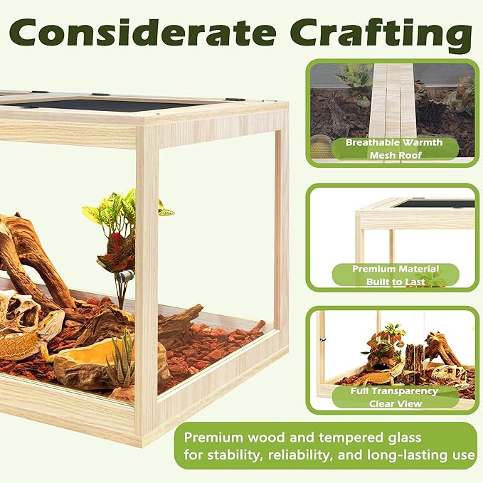 Prolee Tempered Glass Bearded Dragon Tank,Reptile Encloure and Snake Tank with Metal Mesh Roof Door,Locking Design Reptile Tank for Lizard,Gecko,Chameleon (Oak, 32 Gallon (32x16x16 Inch))