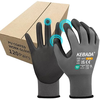 Kebada Safety Work Gloves,120 Pairs Bulk Pack, Touchscreen, PU Coated, Ideal for Warehouse, Construction, Gardening and Mechanics, Grey, X-Large