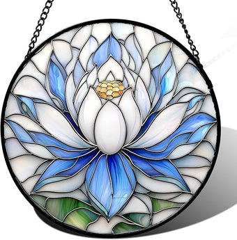 HWRHTR Stained Glass Window Hanging - Blue and White Lotus Petal Suncatcher for Doors Window Home Sun Catchers Decor Christmas Mother's Day July Birthday Gifts for Teacher Women Men Mom Nana 14.9 in