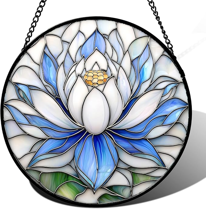 HWRHTR Stained Glass Window Hanging - Blue and White Lotus Petal Suncatcher for Doors Window Home Sun Catchers Decor Christmas Mother's Day July Birthday Gifts for Teacher Women Men Mom Nana 9.8 in