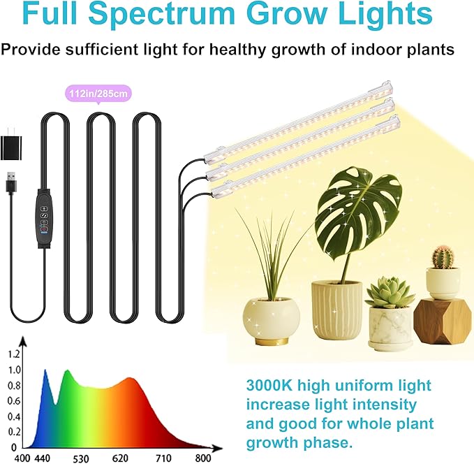 10.2''Grow Light Strips, LED Grow Lamps for Indoor Plants Full Spectrum 3000K, Plant Light Strips with 3/9/12H Timer, 10 Dimmable Levels for Seedling Succulent, Match for Plant Shelf, 3 Head