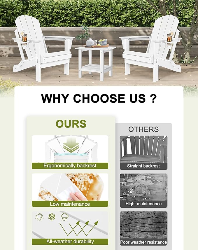 Folding Adirondack Chairs Set 2- Plastic Adirondack Chairs with Cup Holder, Weather Resistant for Outdoor, Patio, Lawn, Garden, Backyard Deck, Fire Pit - White
