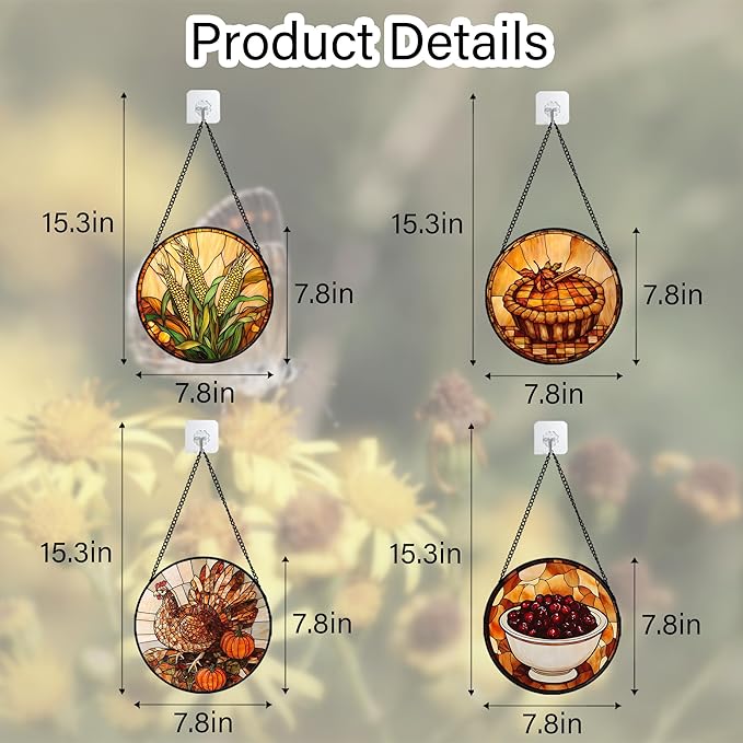 AMDERVEN Stained Glass Window Hanging 4 Pcs Set Brown Turkey Berry Corn 7.8" - Suncatcher Door Garden Sun Catcher Decor Birthday Thanksgiving Mother's Day for Mom Woman Nana Men