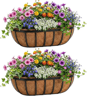 24 Inch Railing Planter Boxes 2 Pack Metal Window Box Planters with Coco Coir Liners, Horse Trough Planter with Adjustable Brackets for Deck Balcony Fence Porch Patio Outdoor Garden