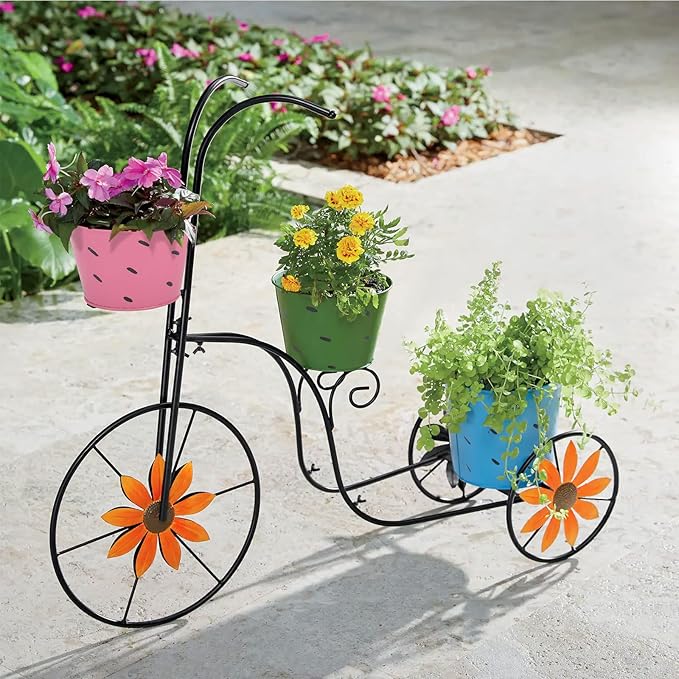 BAYN Bicycle Planter Stand, Metal Flower Pot Cart Holder with 3 Plant Bucket Outdoor Decorative for Patio, Deck, Garden or Lawn