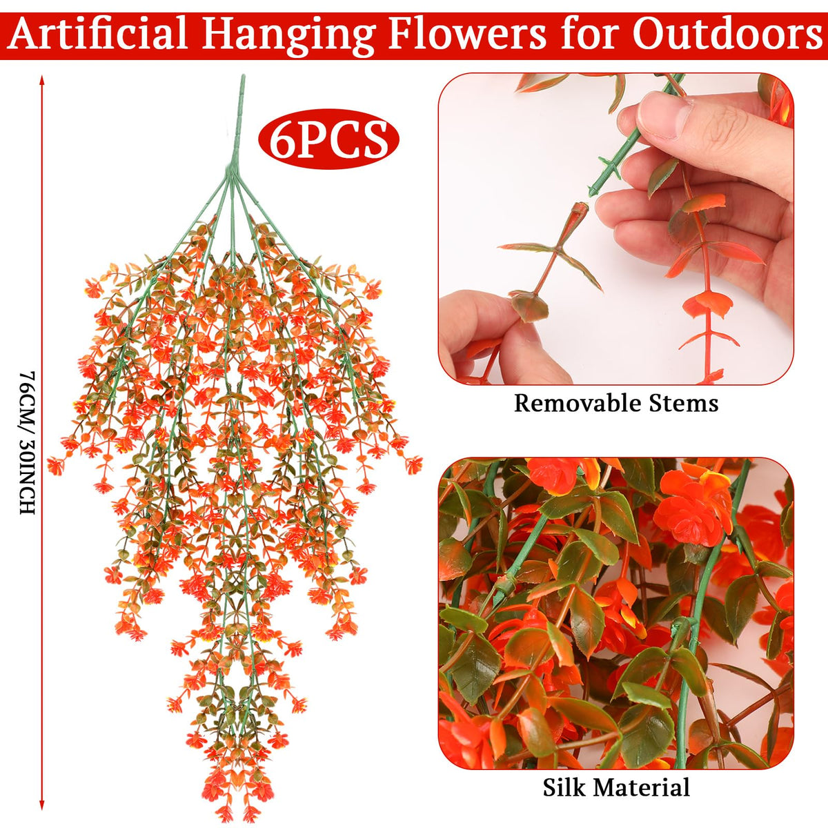 FineCheer 6 Pcs Fall Artificial Hanging Flowers Outdoor, Fresh Color