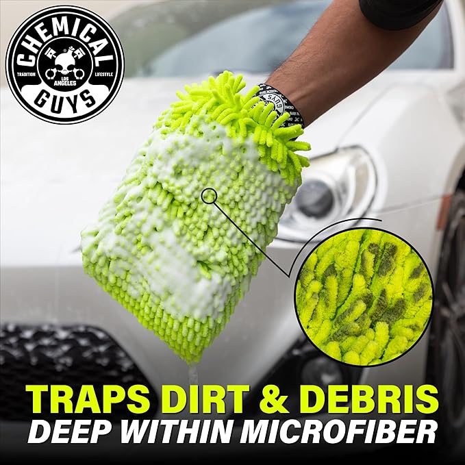 Chemical Guys, Chenille Premium Scratch-Free Microfiber Wash Mitt, Lime Green, 9.6" x 2.3" x 7" (3 Pack) - MIC49303