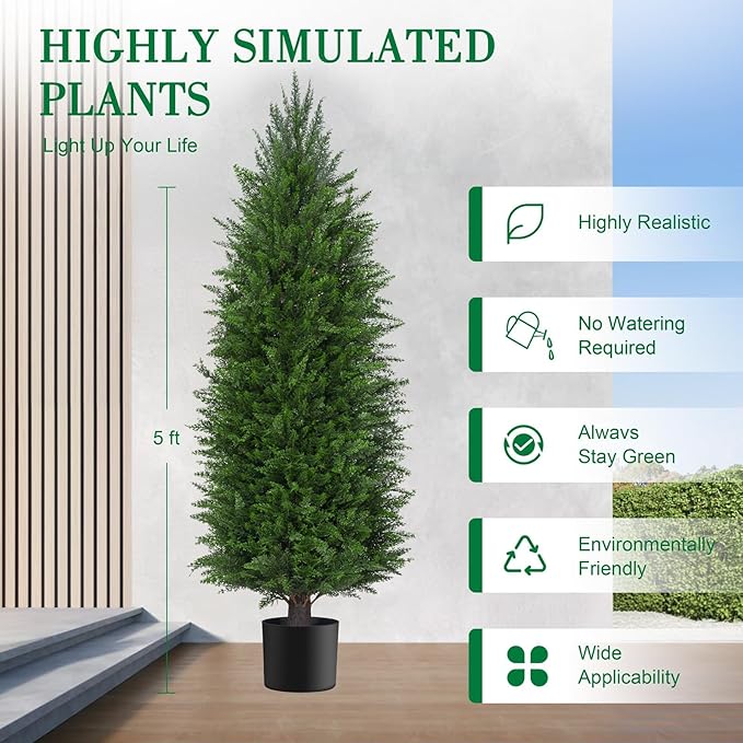 AOKIIE 5FT Artificial Topiary Cedar Plants Outdoor, Faux Pine Trees UV Resistant and Potted, 72 Inch Tall Fake Shrubs Evergreen for Front Porch Decor Set of 2