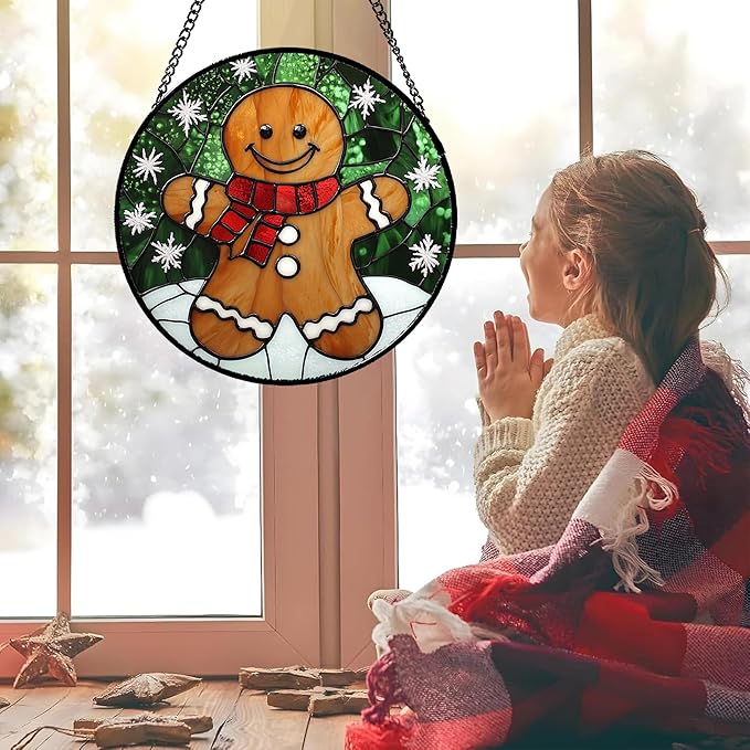 Stained Glass Window Hanging Cute Christmas Gingerbread Man Snowflake Large 11.8" - Suncatcher Door Garden Sun Catcher Home Decor Birthday for Mom Men Woman Nana Friend