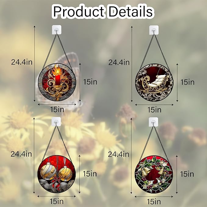 Stained Glass Window Hanging 4 Pcs Set Christmas Golden Bell Sleigh Large 15" - Suncatcher Door Garden Sun Catcher Decor Birthday Mother's Day Xmas Gifts for Mom Woman Nana Men Parents