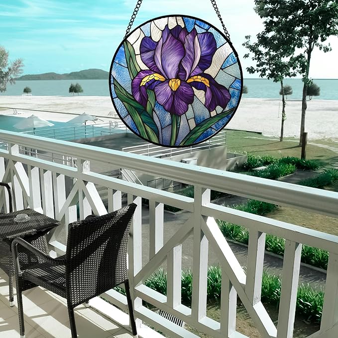HWRHTR Stained Glass Window Hanging - Iris Birth Flower Suncatcher for Doors Garden Yard Purple Blue Sun Catchers Decor Christmas Mother's Day Birthday Gifts for Teacher Women Mom Nana 9.8 in
