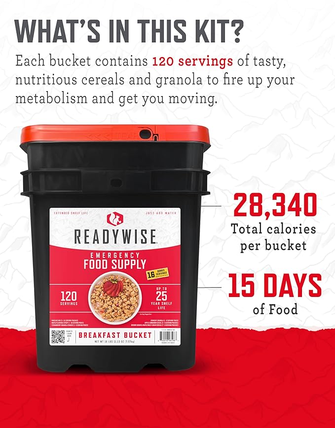 ReadyWise Emergency Food Supply - 120 Servings Breakfast Bucket, Freeze Dried & Dehydrated Meals, Survival Food Kit for Backpacking, Camping Essentials & Prepping Supplies, up to 25 Year Shelf Life
