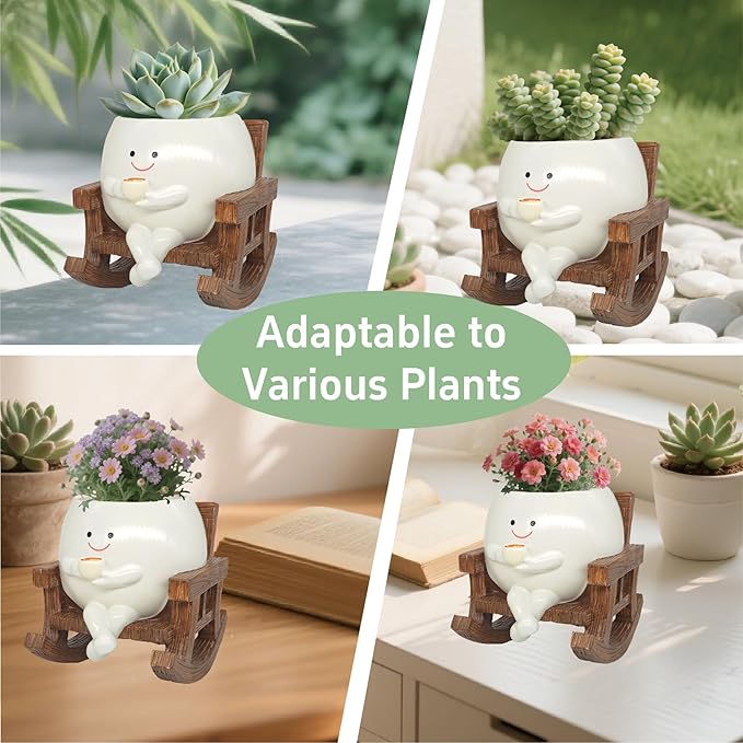 Smiley Face Planter Pot, Cute Coffee Plant Pots for Indoor Outdoor,Unique Rocking Chair Plant Pot for Succulents Plants Live with Drainage Hole,Gift IdeaI for Mother and Appreciation Christmas (Large)