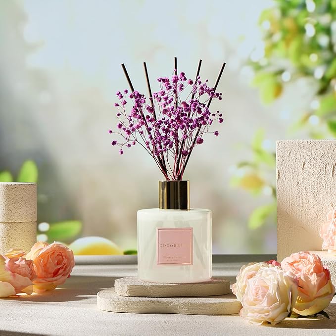 COCORRÍNA Reed Diffuser - Cherry Blossom 17 Fl.oz Reed Diffuser with 8 Sticks Scented Diffuser with Preserved Flowers for Bathroom Home Decor