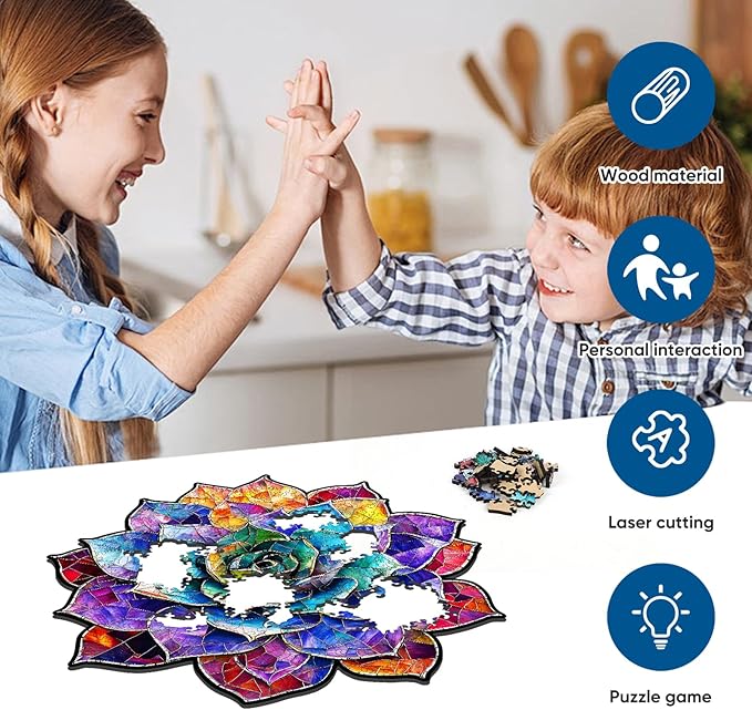 Delobil Stained Glass Succulent Wooden Puzzles for Adults, 200 Pieces Mandala Jigsaw Puzzles, Unique Shaped Medium Size Wood Puzzle Gift for Kids, Family Game 11.2'' x 11.4''