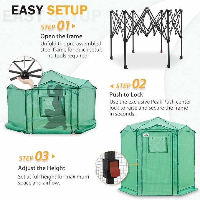 EAGLE PEAK 6.6x6.6 ft Hexagon Pop up Greenhouse, Portable Walk-in Grow Tent for Seed Starting, Garden Plants, Indoor Outdoor Green House, All-Weather Plant Shelter, PE Cover, Green/Clear