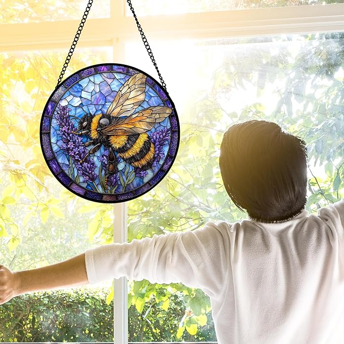 DASTOLL Stained Glass Window Hanging, Bee Lavender Sun Catchers Diamond Glass Panel Hangings Insect Suncatcher Decor for Birthday for Women, Men, Wife, Aunt, and Mom 11.8x11.8 in