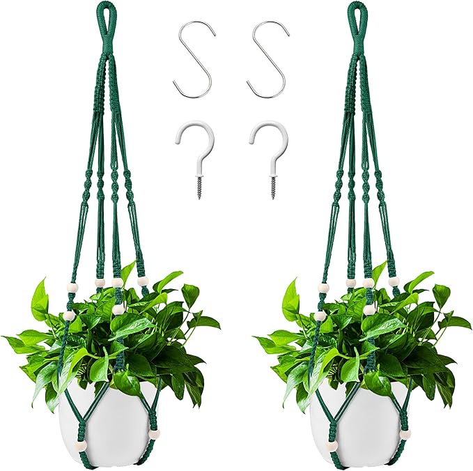 Augshy Macrame Plant Hangers Dark Green Hanging Planters for Indoor Outdoor Home Decor, Hanging Plant Holder No Tassels Set of 2 with 4 Hooks