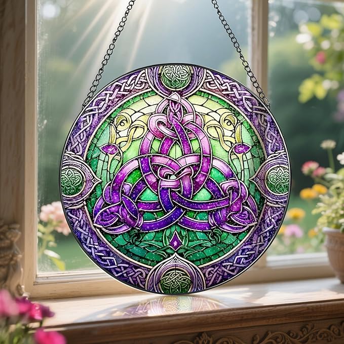Stained Glass Window Hanging, LAOWEIKI 8'' Celtic Knot Suncatcher, Stained Glass Ornament, Suncatchers for Windows Hanging, Window Decor, Outdoor or Indoor, Gifts for Friends, Women, Art Lover