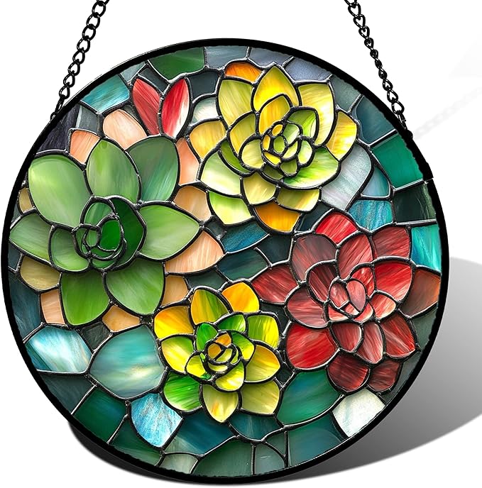 HWRHTR Stained Glass Window Hanging - Red Green Succulent Plants Suncatcher for Doors Window Home Sun Catchers Decor Christmas Mother's Day Birthday Gifts for Teacher Women Men Mom Nana 15 in