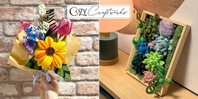 WeVeel Cozy Craftworks Chenille Stem Flower & Succulent Craft Kit for Adults – Create a Wildflower Bouquet and Succulent Box Garden – Relaxing DIY Botanical Arts & Crafts Set