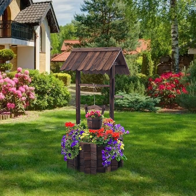 Garden Wooden Decor Rustic Wishing Well Planter Outdoor Home Décor for Patio, Upgrade Wishing Well Garden, Yard Hanging Bucket Patio Lawn Backyard Home Decor