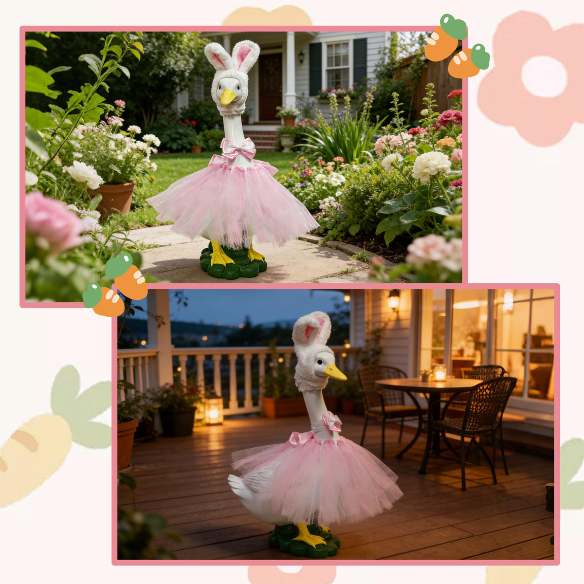 Large Porch Goose Statue with Pink Plush Rabbit Outfit, Garden Porch Decor