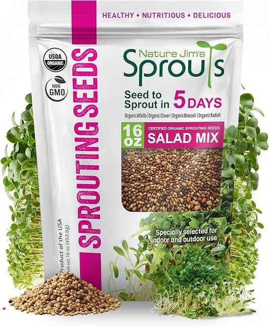 Nature Jims Sprouts Organic Salad Mix – Non-GMO Microgreen Seeds for Growing – Healthy Broccoli, Alfalfa, Radish & Clover Sprouting Variety Blend – Microgreens & Sprouts Seeds for Home Gardening – 1lb