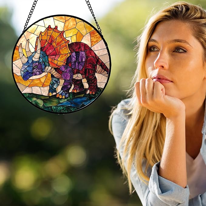 Stained Glass Window Hanging - Triceratops Abstract Dinosaur Suncatcher for Door Terrace Garden Home Decor, Orange Red Sun Catcher Birthday Gifts for Lovers Women Men Dad Mom Nana 15 in