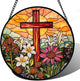 JOSUMALY Christian Gifts for Women - Cross Stained Glass Window Hanging Easter Flower Sunset Landscape Sun Catcher Garden Religion Decor Mother's Day Catholic Gift for Men Grandma Mom Her Nana 15"