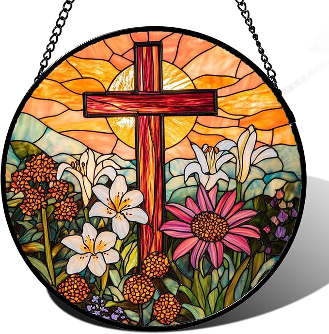 JOSUMALY Christian Gifts for Women - Cross Stained Glass Window Hanging Easter Flower Sunset Landscape Sun Catcher Garden Religion Decor Mother's Day Catholic Gift for Men Grandma Mom Her Nana 6.3"