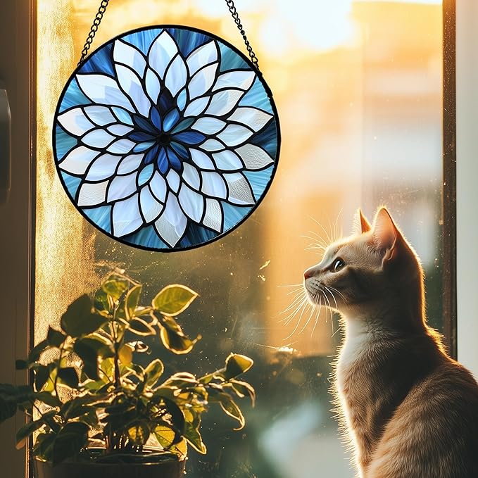 AMDERVEN Stained Glass Suncatcher, Blue White Multi-Petal Flowers Sun Catcher Landscape Stain Glass Window Hanging Decoration Mother's Day Birthday Gifts for Women Men Mom Nana 15 in