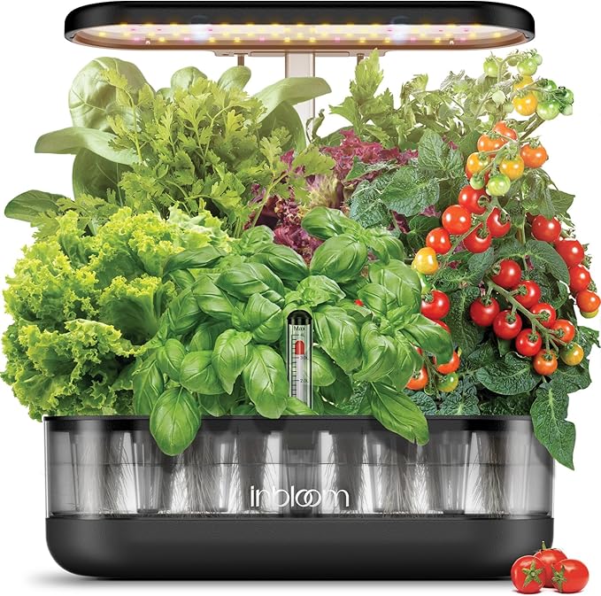 inbloom 12 Pods Hydroponics Growing System Kit, Herb Garden Planter Indoor Kit, Indoor Gardening Hydroponics Growing System with 4.2L Water Pump, Height Adjustable, Gifts for Woman, Transparent Black