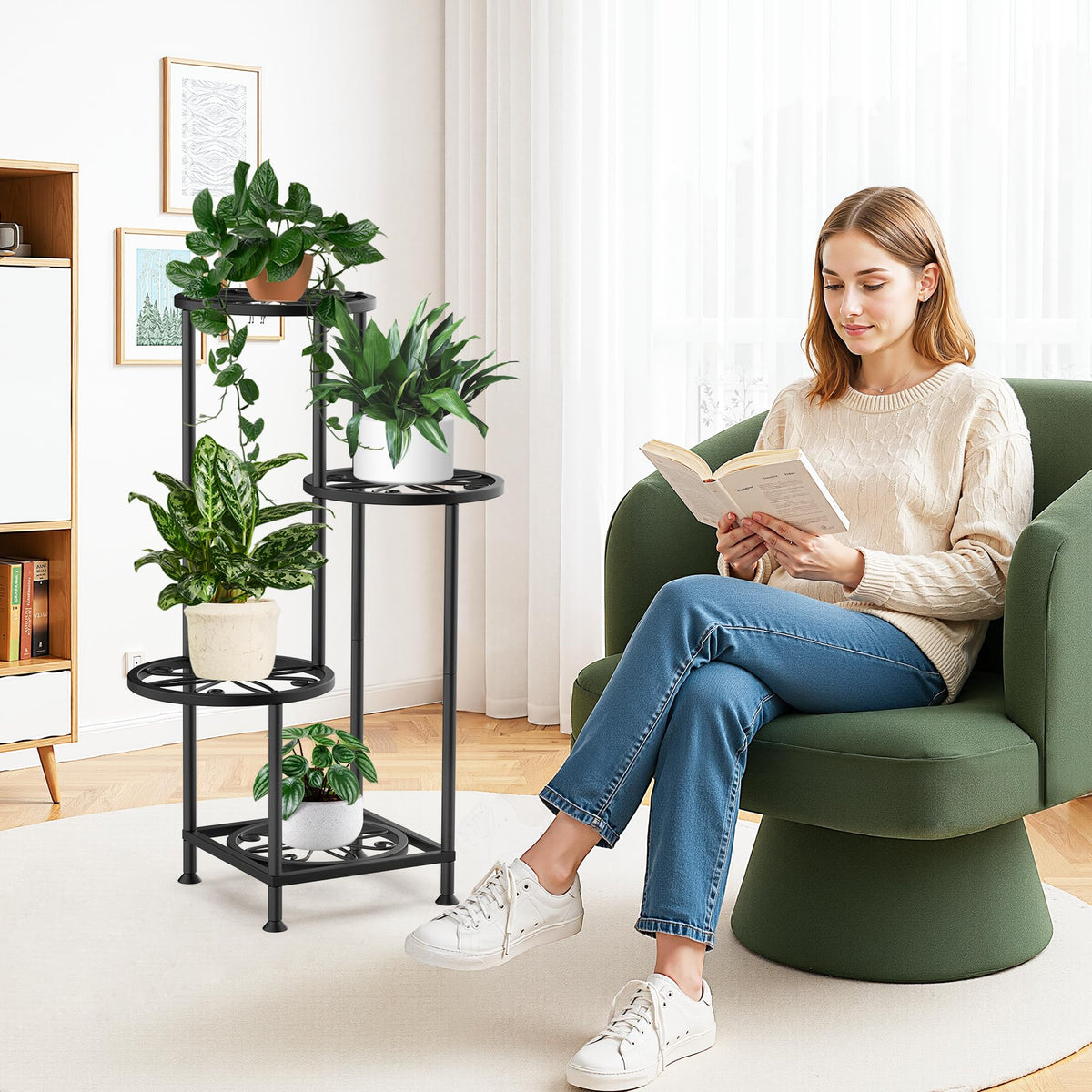 YOCOMEY 4 Tier Plant Stand Indoor Outdoor, Metal Shelf Holder Corner Black