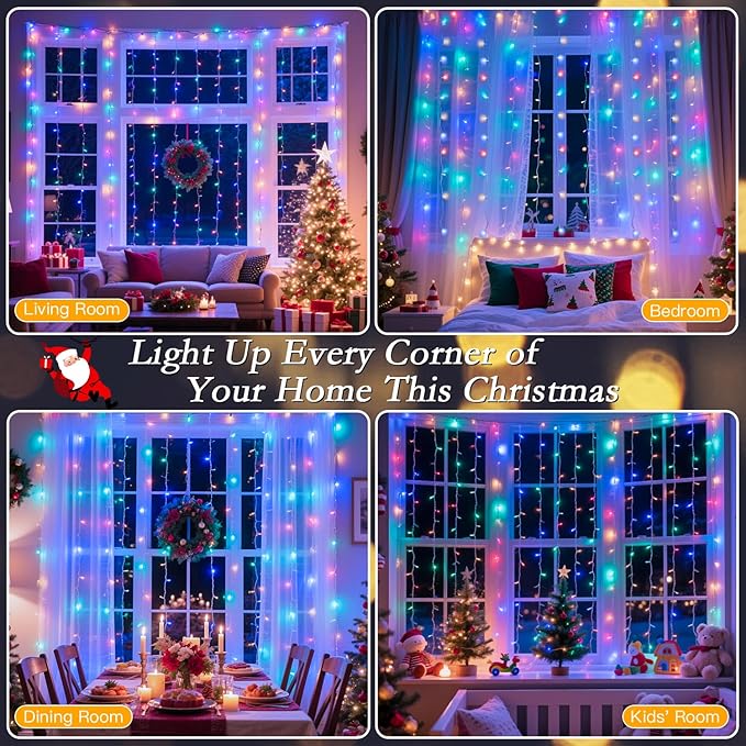 200 LED Rainbow Curtain String Lights 9.8 * 6.6FT Plug in Fairy with Timer and 8 Modes, Waterproof Window Wall Lights for Bedroom Wedding Party Indoor Outdoor Christmas Decor