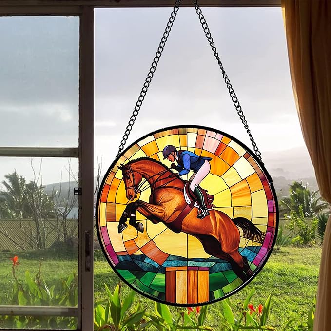Stained Glass Window Hanging Equestrian Sports 7.8" - Horse Suncatcher Door Garden Sunroom Sun Catcher Home Decor Birthday Christmas for Mom Men Woman Nana