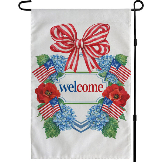 4th of July Decorations - Patriotic Welcome Garden Flag | Fourth of July Floral Wreath Bow Double Sided Banner | 250th Anniversary Accessories Outdoor Outside Decor for Garden Yard Porch Patio Lawn