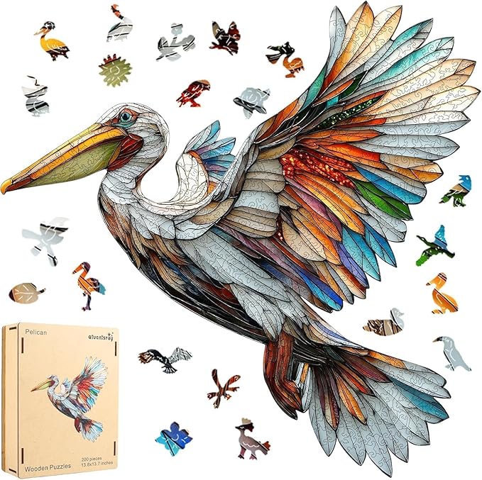 Qiuenisray Wooden Puzzles for Adults, Stained Glass Pelican Jigsaw Puzzles 200 Piece, FSC Certified Unique Animal Shape Puzzles Pieces, Wall Decor, for Family Friend 13.8x13.7 in