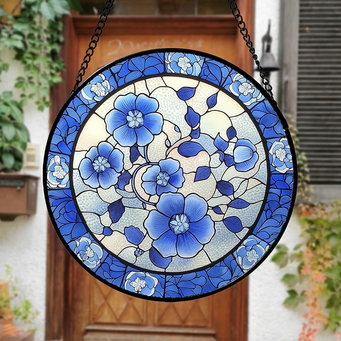 AMDERVEN Stained Glass Window Hanging, Blue and White Plum Blossom Sun Catcher for Door Home Decor Flowers Suncatcher Christmas Mother's Day Birthday Gifts for Women Men Mom and Nana 15 in