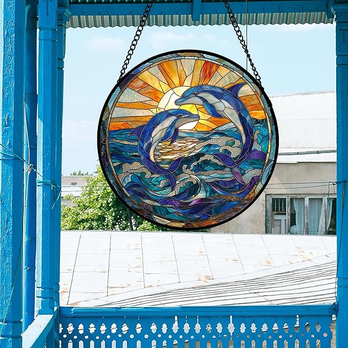 DASTOLL Stained Glass Window Hanging, Blue Dolphin Sun Catchers Colorful Glass Panel Sunrise Sea View Suncatcher Decor for Birthday for Women, Men, Wife, Aunt, and Mom 14.9x14.9 in