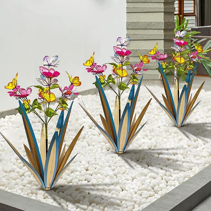 TOMBABY Garden Outdoor Butterfly Enlarge Thickened Wind Resistant Metal Agave Garden Art Metal Plant Country Sculpture Statue Decorations Ornaments Artificial Waterproof Butterflies(Blue 2pcs)