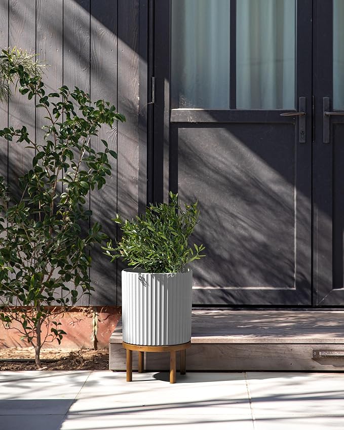 Veradek Demi Series Round Planter w/ Stand for Porch/Patio | Durable Plastic-Concrete & Wooden Stand | Modern Décor for Tall Plants, Flowers
