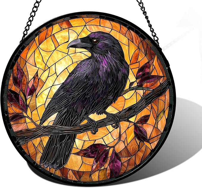 DASTOLL Stained Glass Window Hanging - Crow on a Branch Suncatcher Ready to Hang Window Doors Home Decoration and Christmas, Mother's Day Birthday Gifts for Women, Men, and Mom 11.8x11.8 in