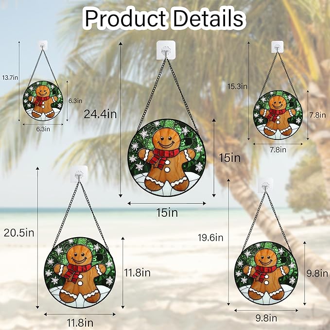 Stained Glass Window Hanging Cute Christmas Gingerbread Man Snowflake 9.8" - Suncatcher Door Garden Sun Catcher Home Decor Birthday for Mom Men Woman Nana Friend