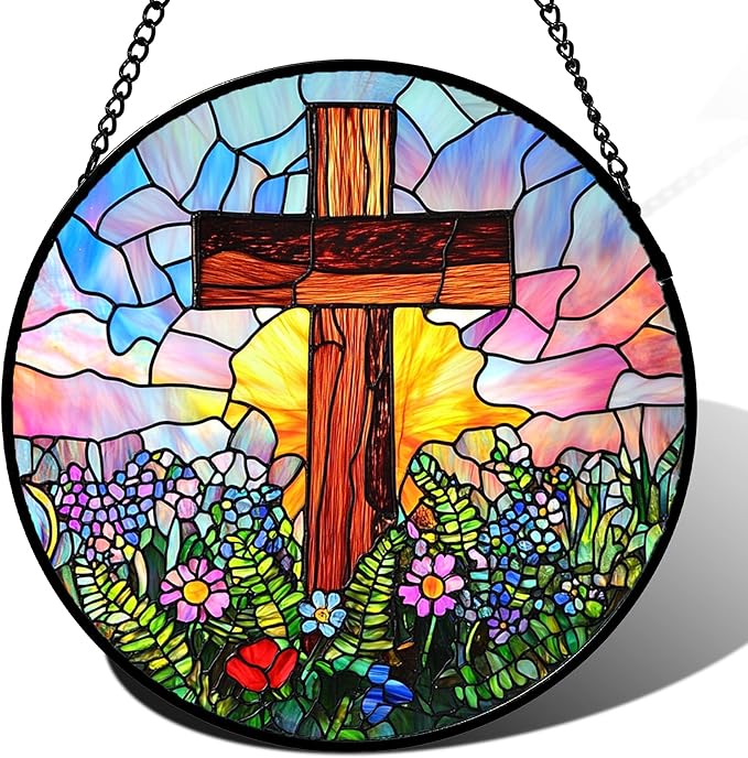 JOSUMALY Christian Gifts for Women - Cross Stained Glass Window Hanging Jesus Easter Colorful Wildflowers Sun Catcher Garden Religion Decor Mother's Day Catholic Gift for Men Grandma Mom Her 15"