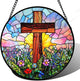 JOSUMALY Christian Gifts for Women - Cross Stained Glass Window Hanging Jesus Easter Colorful Wildflowers Sun Catcher Garden Religion Decor Mother's Day Catholic Gift for Men Grandma Mom Her 15"