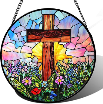 Christian Gifts for Women - Cross Stained Glass Window Hanging Jesus Easter Colorful Wildflowers Sun Catcher Garden Religion Decor Mother's Day Catholic Gift for Men Grandma Mom Her 6.3"