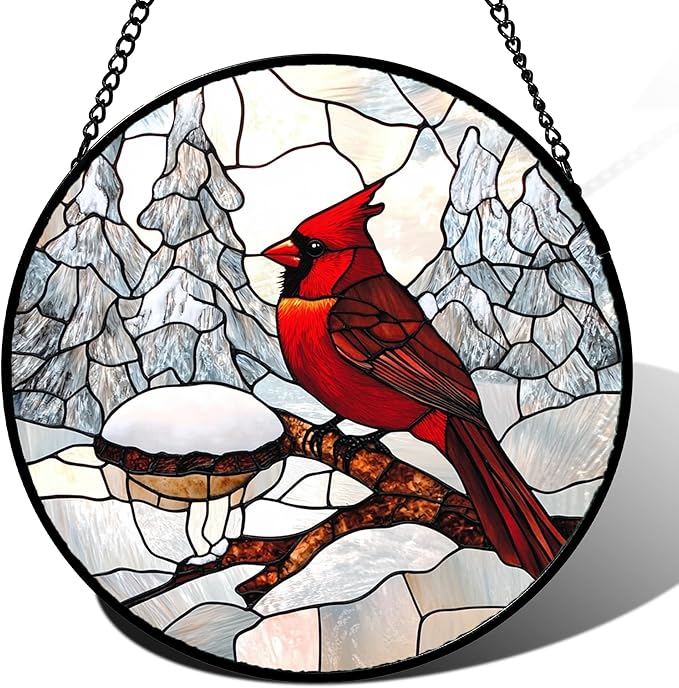 Stained Glass Window Hanging Cardinal Bird Winter Snow Scene 9.8" - Suncatcher Door Garden Sunroom Sun Catcher Home Decor Birthday Christmas for Mom Men Woman Nana