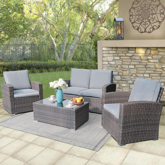 HTERWQEA Patio Furniture Set 4 Piece, Outdoor Wicker Conversation Set, Rattan Seating with Soft Cushions for Small Space Balcony Backyard Lawn, Tempered Glass Coffee Table